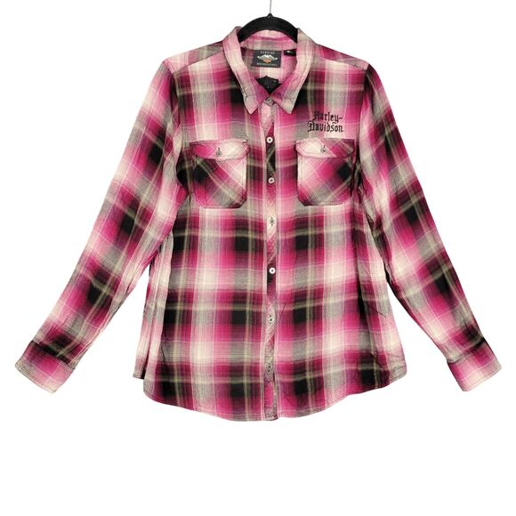 Harley-Davidson Tops - HARLEY DAVIDSON Pink Plaid Floral Embroidered Western Button Up Shirt SIZE XL